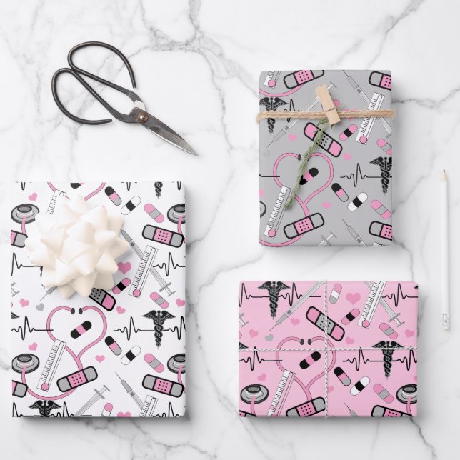 Cute Pink Stethoscope Nurse | Doctor EKG Pattern Wrapping Paper Sheets (Front)