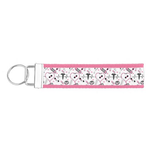 Cute Pink Stethoscope Nurse  Doctor EKG Pattern Wrist Keychain