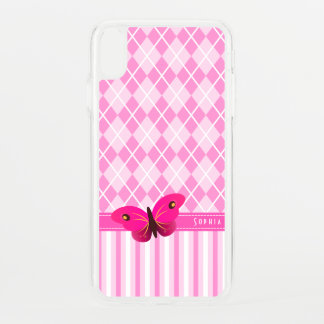 Cute Pink Stipes Argyle Pattern Butterfly Clearly iPhone XS Max Case