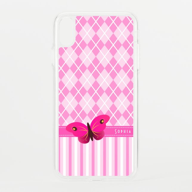 Cute Pink Stipes Argyle Pattern Butterfly Clearly Uncommon iPhone Case (Back)