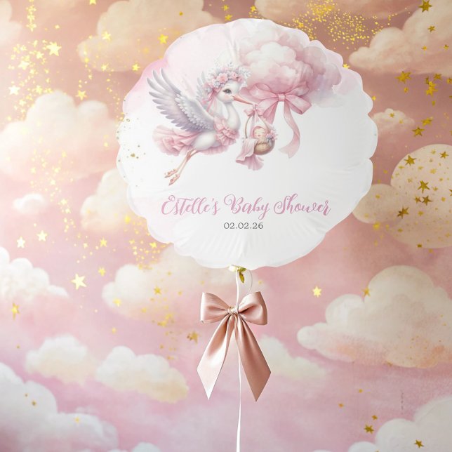 Cute Pink Stork and Cloud Baby Shower Balloon (Creator Uploaded)