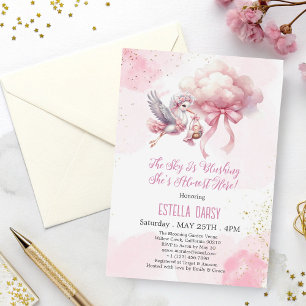 Cute Pink Stork & Cloud Baby Girl Shower Invitation