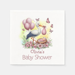 Cute Pink Stork Girl Baby Shower Napkins