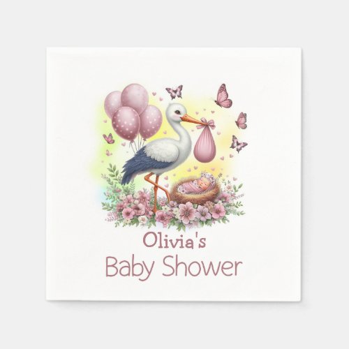 Cute Pink Stork Girl Baby Shower Napkins