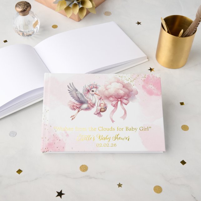 Cute Pink Stork with cloud Baby Girl Shower  Foil Guest Book (Creator Uploaded)