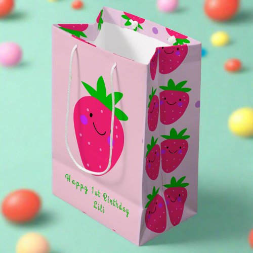 Cute Pink Strawberries 1st Birthday Baby Girl Medium Gift Bag
