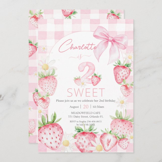 Cute Pink Strawberries Berry 2nd Second Birthday Invitation (Front/Back)