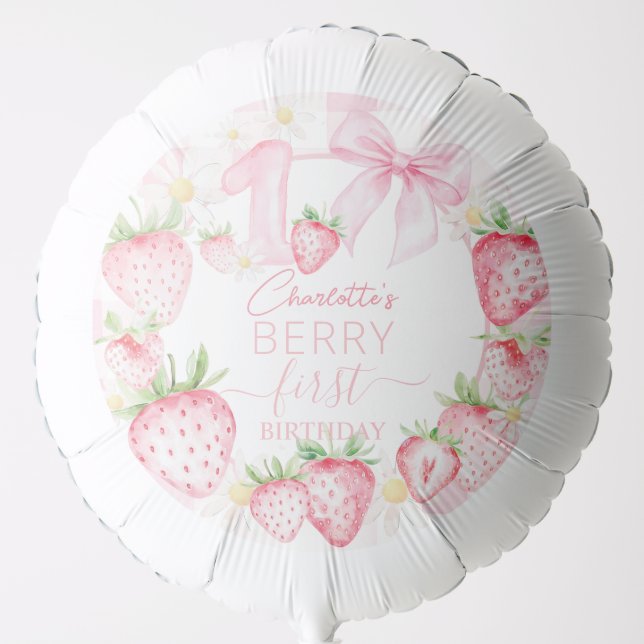 Cute Pink Strawberries Berry First 1st Birthday Balloon (Front)