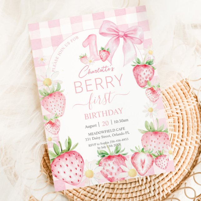 Cute Pink Strawberries Berry First 1st Birthday Invitation (Creator Uploaded)