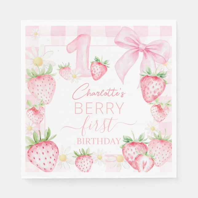 Cute Pink Strawberries Berry First 1st Birthday Napkins (Front)
