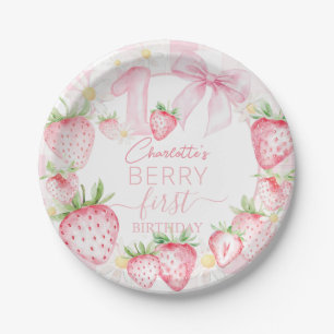 Cute Pink Strawberries Berry First 1st Birthday Paper Plates