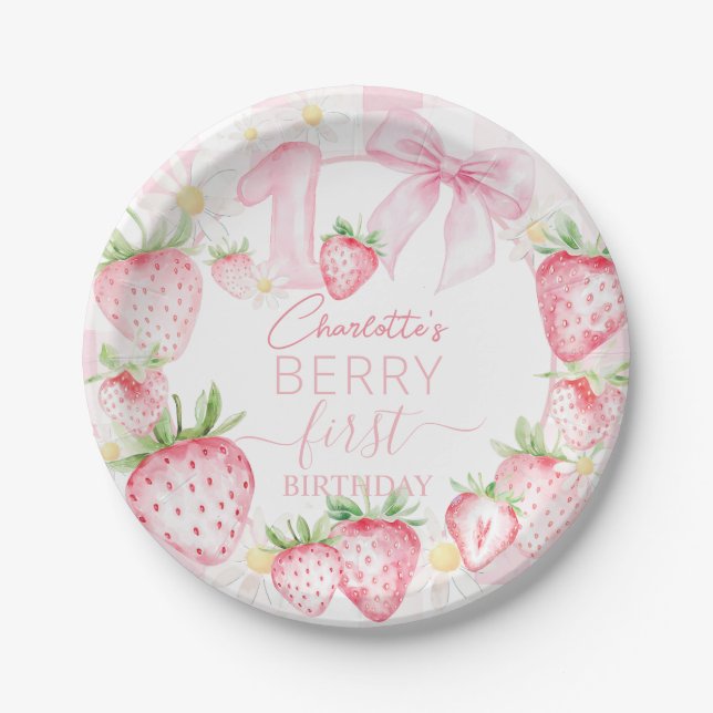 Cute Pink Strawberries Berry First 1st Birthday Paper Plates (Front)