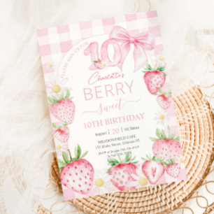 Cute Pink Strawberries Berry Sweet 10th Birthday Invitation