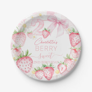 Cute Pink Strawberries Berry Sweet 2nd Birthday Paper Plates