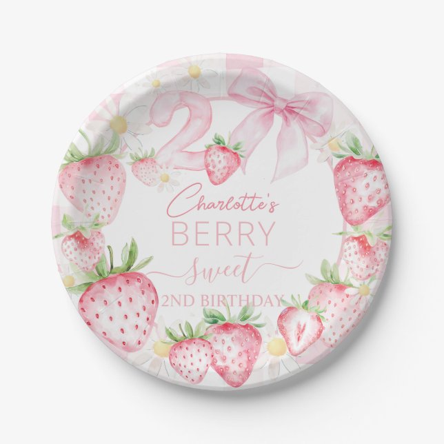 Cute Pink Strawberries Berry Sweet 2nd Birthday Paper Plates (Front)