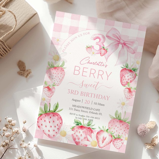 Cute Pink Strawberries Berry Sweet 3rd Birthday Invitation (Creator Uploaded)