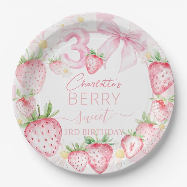 Cute Pink Strawberries Berry Sweet 3rd Birthday Paper Plates (Front)