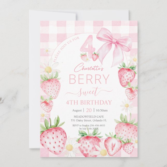 Cute Pink Strawberries Berry Sweet 4th Birthday Invitation (Front)