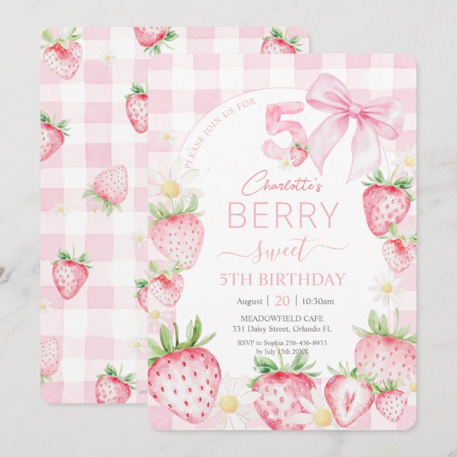 Cute Pink Strawberries Berry Sweet 5th Birthday Invitation (Front/Back)