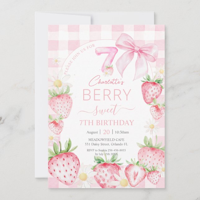 Cute Pink Strawberries Berry Sweet 7th Birthday Invitation (Front)