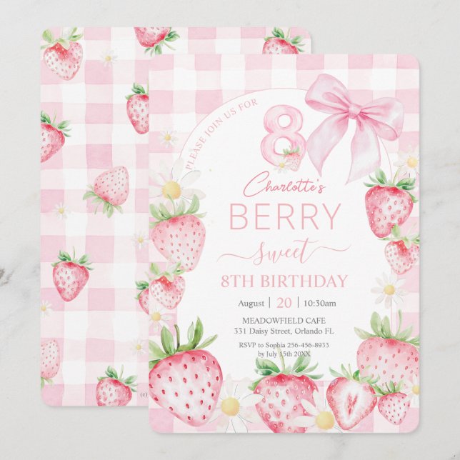 Cute Pink Strawberries Berry Sweet 8th Birthday Invitation (Front/Back)