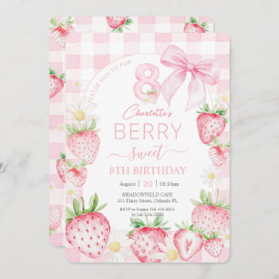 Cute Pink Strawberries Berry Sweet 8th Birthday Invitation