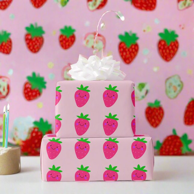 Cute Pink Strawberries Birthday Party Girly Kids  Wrapping Paper (Creator Uploaded)