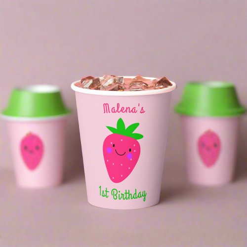 Cute Pink Strawberry 1st Birthday Party Kids Girl  Paper Cups