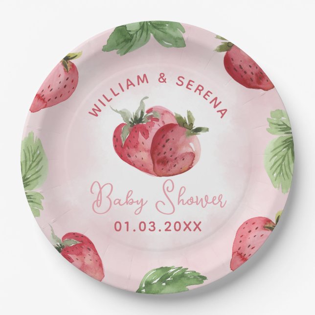 Cute Pink Strawberry Baby Shower Paper Plates (Front)
