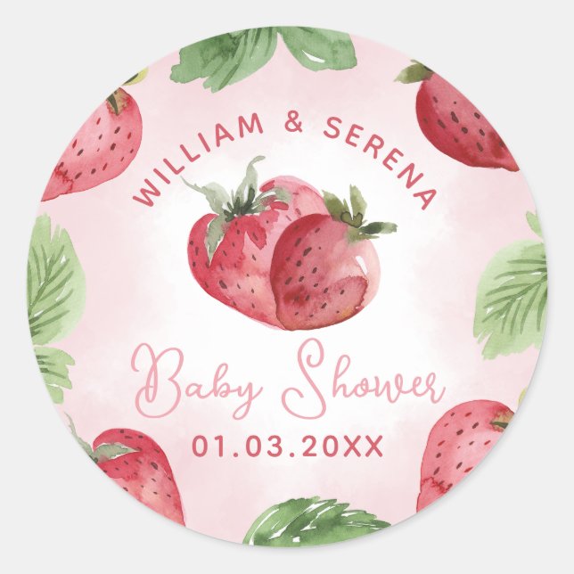Cute Pink Strawberry Baby Shower Sticker (Front)