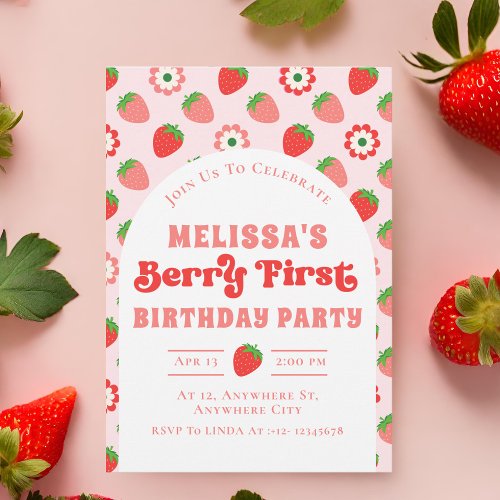 Cute Pink Strawberry Berry First Birthday Invitation