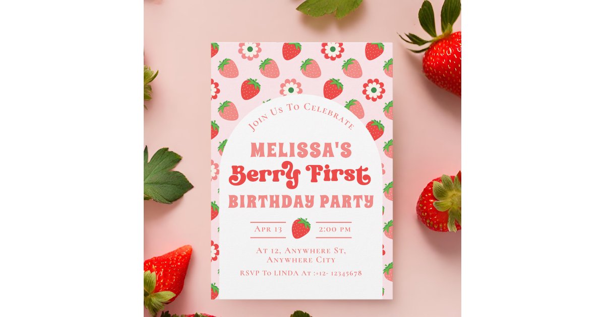 Cute Pink Strawberry Berry First Birthday Invitation | Zazzle