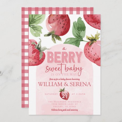 Cute Pink Strawberry Berry Sweet Baby Shower Invitation