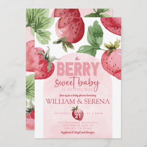 Cute Pink Strawberry Berry Sweet Baby Shower Invitation