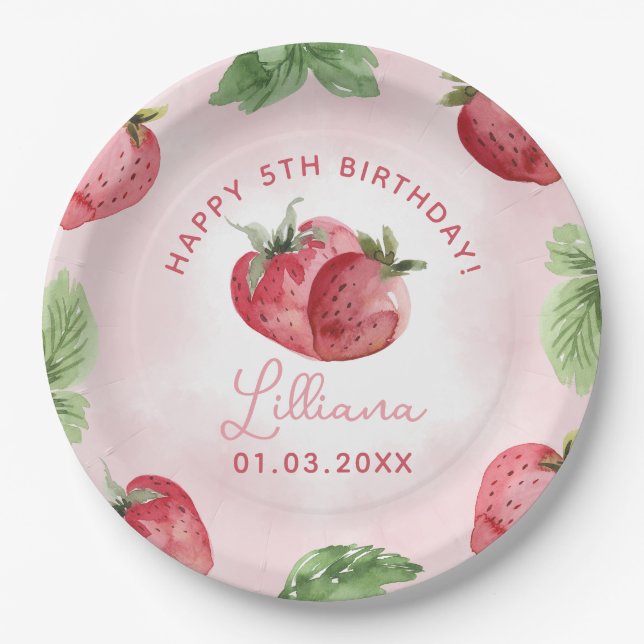 Cute Pink Strawberry Birthday Party Paper Plates (Front)