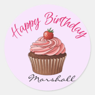 Cute Pink Strawberry Cupcake Happy Birthday Round Classic Round Sticker