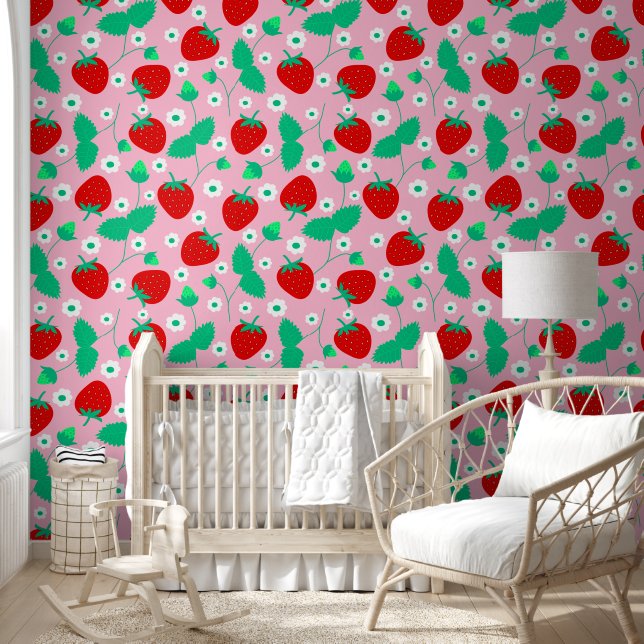Cute Pink Strawberry & Daisy Pattern Kids Nursery  Wallpaper (Kids)