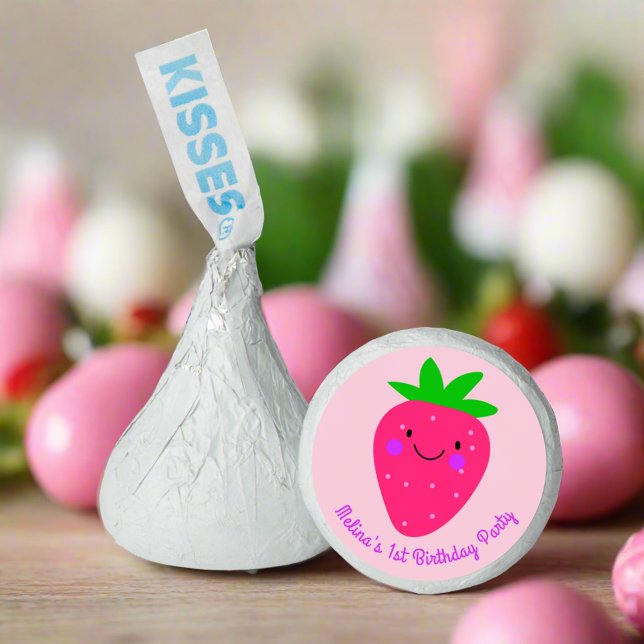 Cute Pink Strawberry First Birthday Girl Party  Hershey®'s Kisses® (Creator Uploaded)