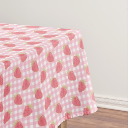 Cute Pink Strawberry Gingham Picnic Tablecloth