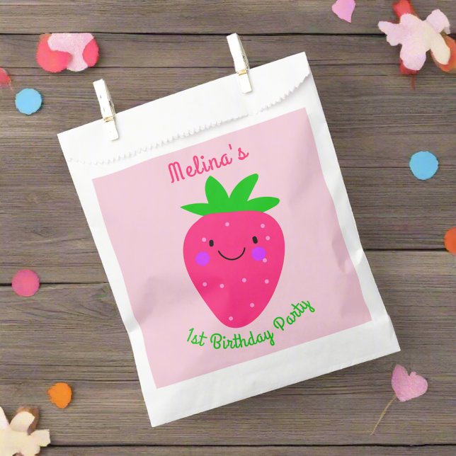 Cute Pink Strawberry Girl 1st Birthday Party  Favor Bag (Creator Uploaded)
