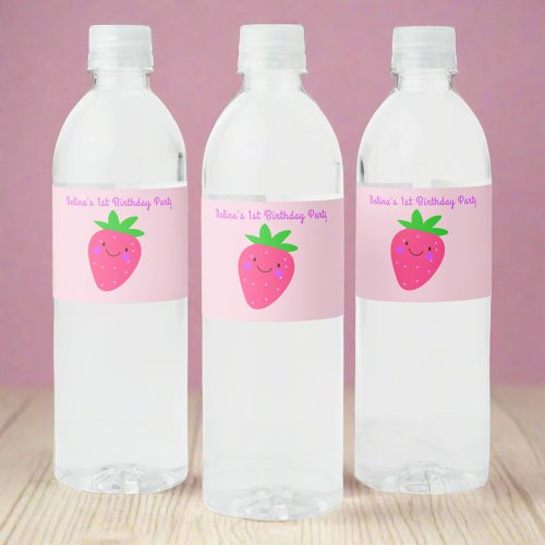 Cute Pink Strawberry Girl 1st Birthday Party  Water Bottle Label