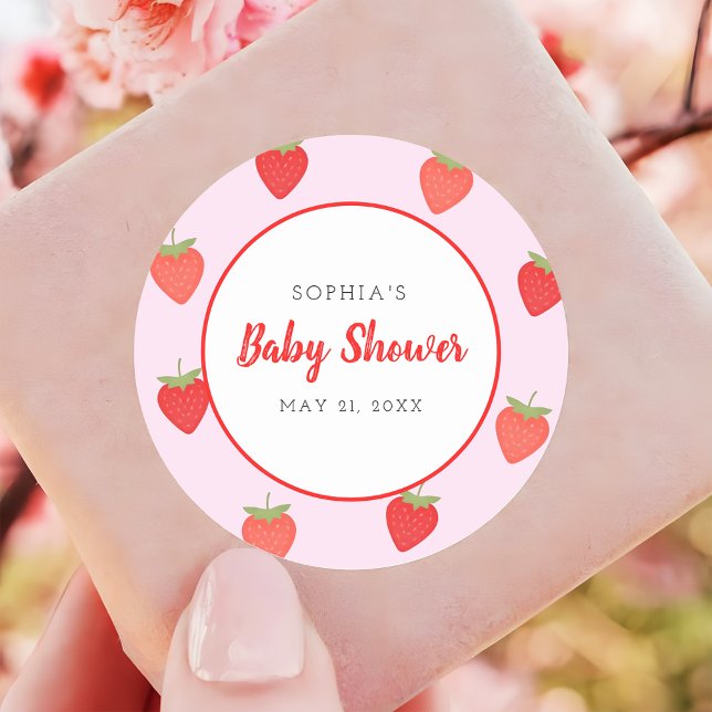 Cute Pink Strawberry Girl Baby Shower Favor Classic Round Sticker (Creator Uploaded)