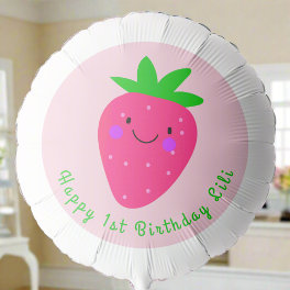 Cute Pink Strawberry Happy 1st Birthday Baby Girl Balloon