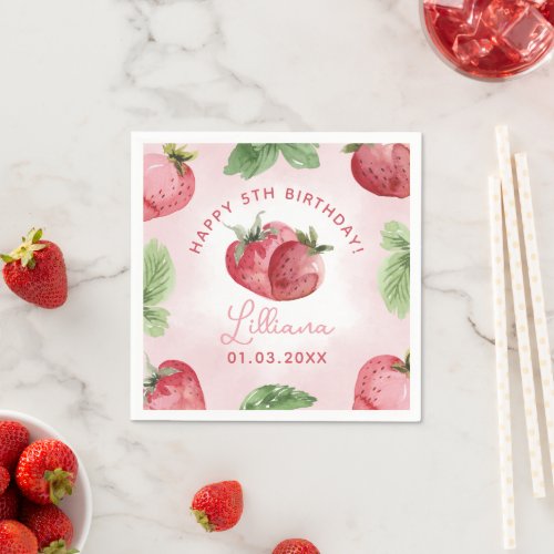 Cute Pink Strawberry Happy Birthday Paper Napkin