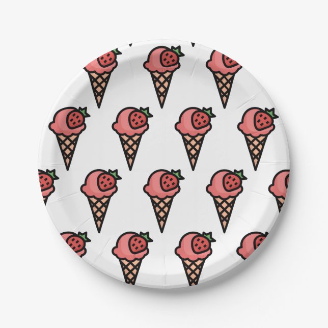 Cute Pink Strawberry Ice Cream Aesthetic Pattern Paper Plates (Front)