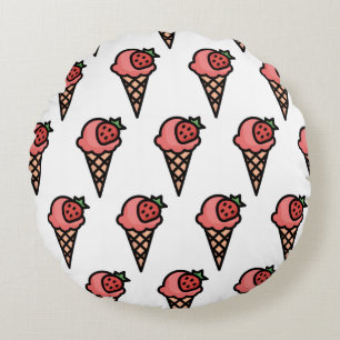 Cute Pink Strawberry Ice Cream Aesthetic Pattern Round Pillow