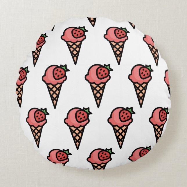 Cute Pink Strawberry Ice Cream Aesthetic Pattern Round Pillow (Front)