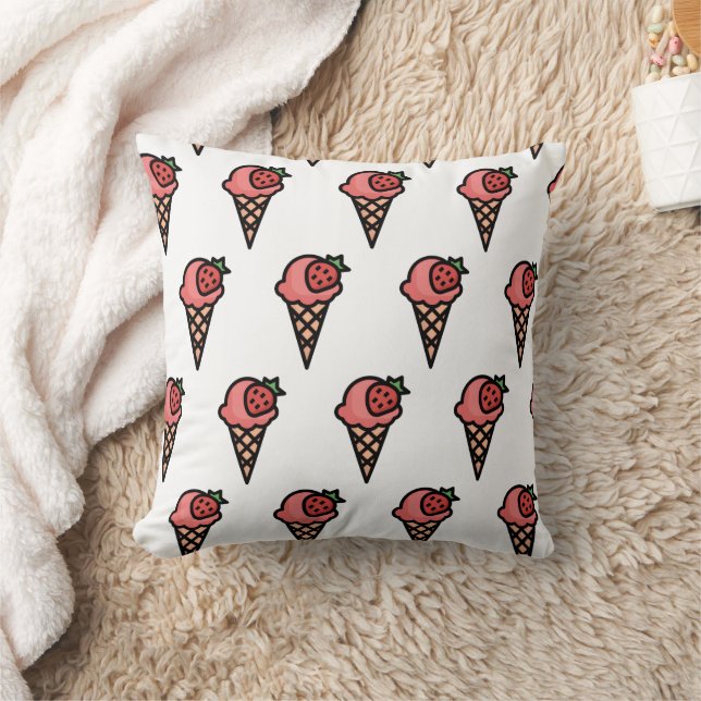 Cute Pink Strawberry Ice Cream Aesthetic Pattern Throw Pillow (Blanket)
