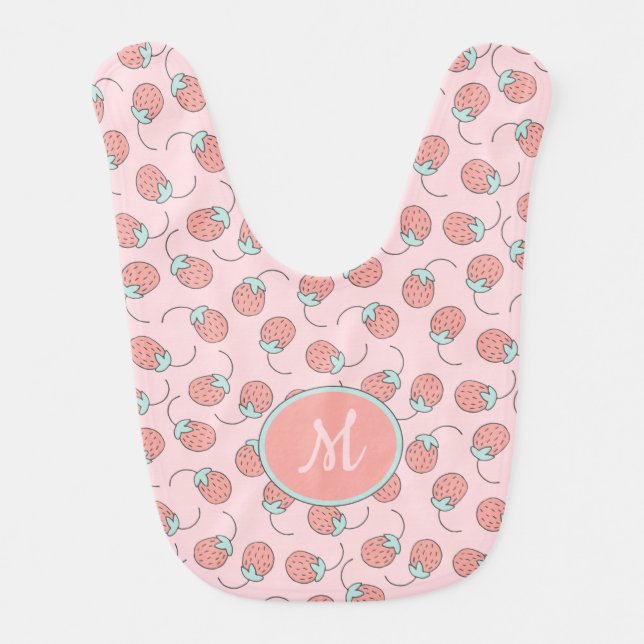 Cute Pink Strawberry Monogram Baby Bib (Front)