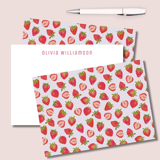 Cute pink strawberry note card (Strawberry notecards with personalized name or choice of text to one side. )